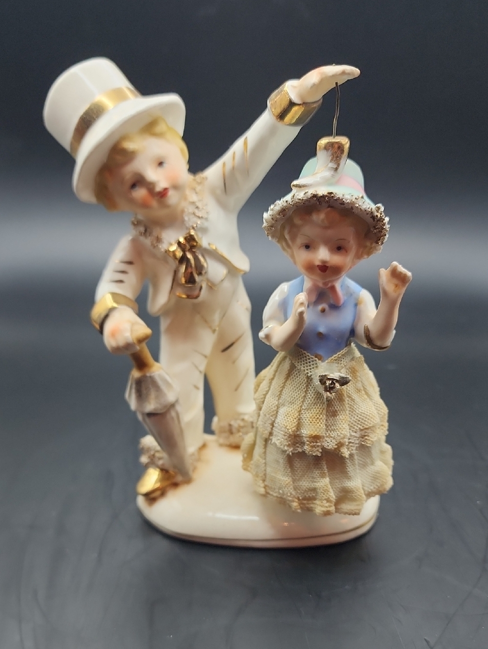 RARE Ucagco Spinner with Dapper Boy In Top Hat and Beautiful Girl In Lace Dressp